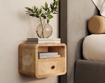 Narrow Wall Mounted Bedside Table • Small Floating Bedside Table • Bedside Floating Nightstand • Solid Wood Mid Century Bedroom Furniture
