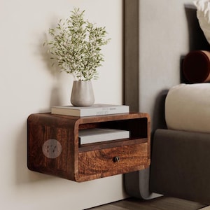 Large Dark Wood Floating Bedside Table • Nordic Floating Nightstand • Bedside Floating Shelf with Drawer • Scandinavian Bedroom Furniture