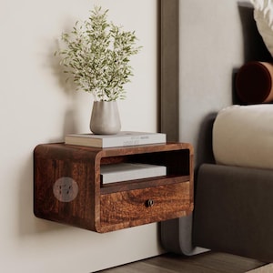Large Dark Wood Floating Bedside Table • Nordic Floating Nightstand • Bedside Floating Shelf with Drawer • Scandinavian Bedroom Furniture
