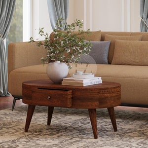 Round Coffee Table • Dark Brown Coffee Table Rounded Corner • Curved Wooden Coffee Table With Drawers • Modern Coffee Table for Living Room