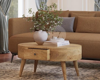Oval Solid Wood Coffee Table with Storage • Low Height Coffee Table with Drawers • Wooden Furniture Center Table • Modern Living Room Tables