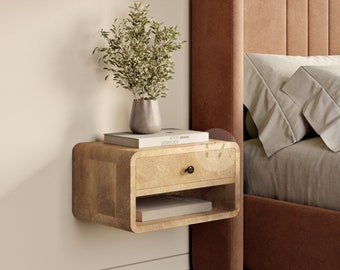 Real Wood Floating Bedside Table • Oak Floating Nightstand Wall Mount • Contemporary Floating Shelf with Drawer • Mounted Nightstand Rounded