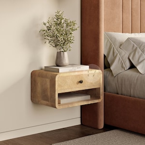 Real Wood Floating Bedside Table • Oak Floating Nightstand Wall Mount • Contemporary Floating Shelf with Drawer • Mounted Nightstand Rounded