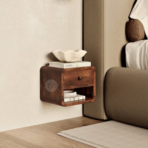 Slim Floating Bedside Table Shelf • Solid Wood Floating Nightstand Mid Century Modern • Wall Hung Bedside Table Dark Wood • Side Table Cube