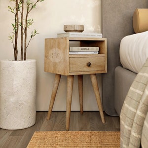 Narrow Bedside Table • Small Bedside Table • Slim Bedside Table • Cute Bedside Table Light • Bedside Table with Shelf • Bedside Table Cube