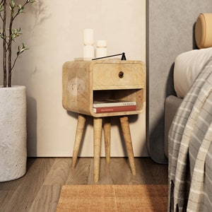 Bedroom Nightstand Small Space Room with Open Shelf • Narrow Bed Side Table with Drawer • Mango Wood Bedside Table Thin • Wooden Side Table