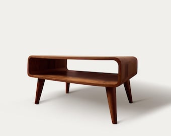 Mesa de centro pequeña curva de madera de mango oscuro, mini mesa baja con estante