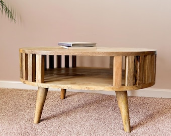 Mini round coffee table, small coffee tables for small spaces, open slat design