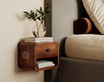 Mesita de noche flotante delgada con estante • Mesita de noche flotante de madera maciza estilo moderno de mediados de siglo • Mesita de noche de pared de madera oscura • Cubo de mesa auxiliar