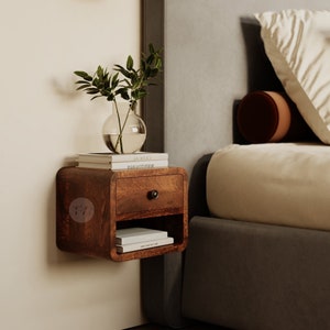 Slim Floating Bedside Table Shelf • Solid Wood Floating Nightstand Mid Century Modern • Wall Hung Bedside Table Dark Wood • Side Table Cube