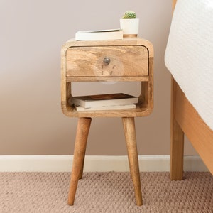 Wooden Side Table • Mango Wood Bedside Table • Thin Bedroom Nightstand • Table for Small Space with Open Shelf • Narrow Bed Table