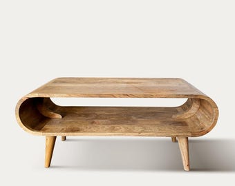 Mesa de centro danesa moderna de madera de mango, mesa baja ovalada curva con estante