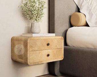 Wall Mounted Bedside Table Oak • Wall Hanging Nightstand for Bedroom • Rustic Floating Nightstand with 2 Drawers • Floating Bedside Table