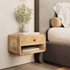 Mesa de noche flotante de madera auténtica • Mesita de noche flotante de roble para montaje en pared • Estante flotante contemporáneo con cajón • Mesita de noche montada redondeada