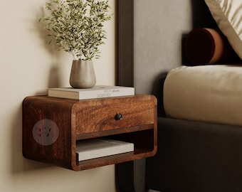 Farmhouse Floating Bedside Shelf with Drawer • Floating Wooden Shelf for Bedroom • Wall Mounted Nightstand • Floating Rustic Bedside Table