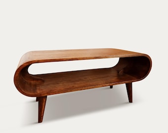 Mueble de TV de madera de mediados de siglo • Unidad multimedia retro redondeada
