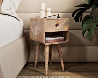 Bedroom Nightstand Small Space Room with Open Shelf • Narrow Bed Side Table with Drawer • Mango Wood Bedside Table Thin • Wooden Side Table