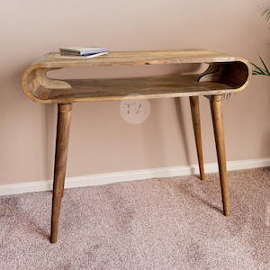 Oval Console Table for Hallway • Tall Console Table Thin • Narrow Hallway Table • Curved Console Table with Shelf • Mango Wood Console Table
