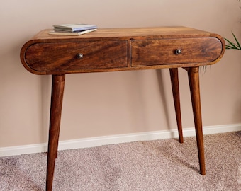 Stylish console table with drawers, mid century modern chestnut-finished dressing table