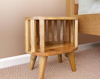 Super small bedside table, slatted mini nightstand, round wooden plant stand indoor