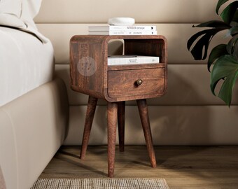 Small Nightstand with Drawer Storage • Modern Bedside Table for Small Spaces • Narrow Bedside Table Max 30cm • Slim Bedside Table Dark Wood