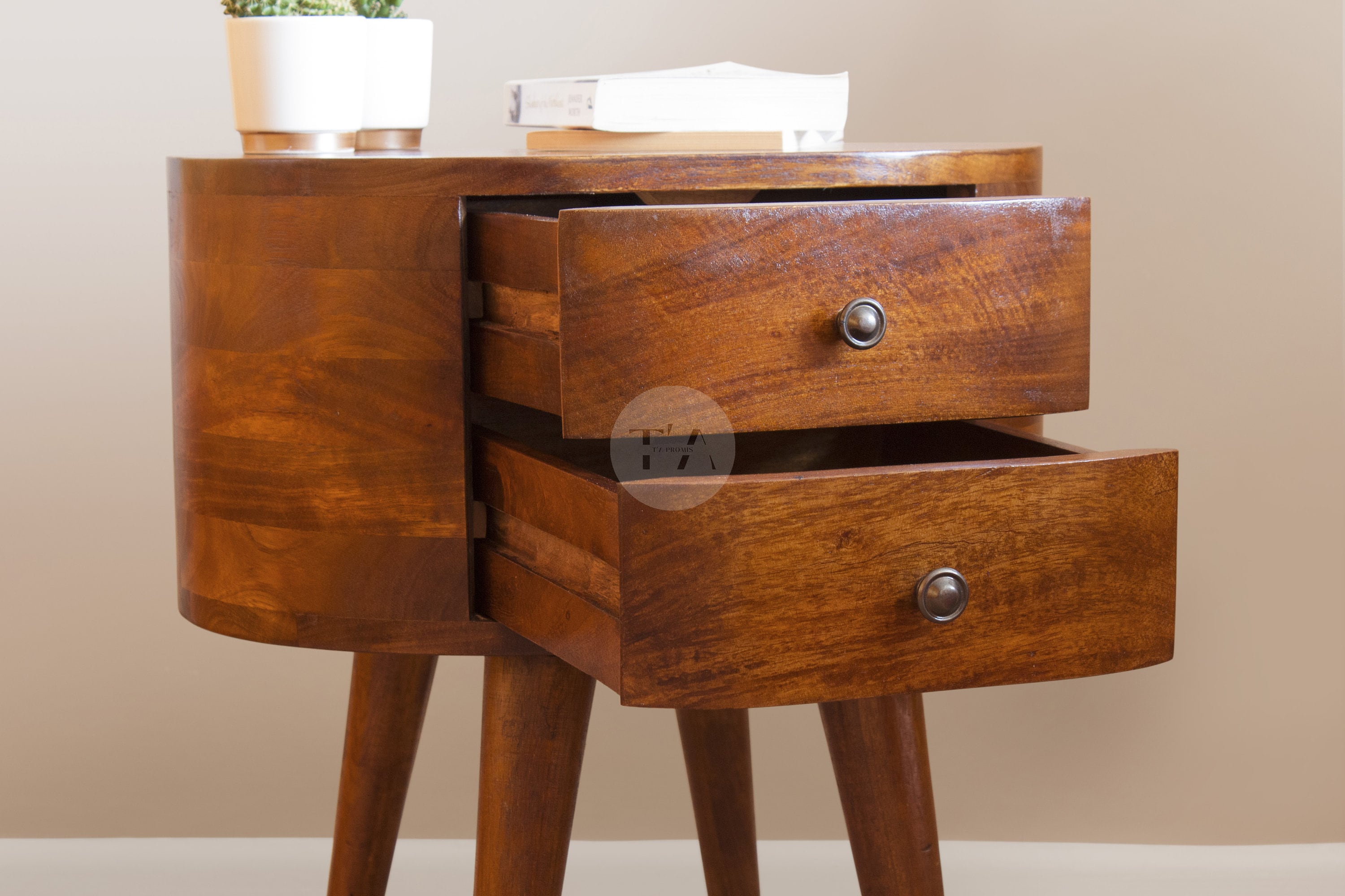 Solid Oak Wood Nightstand - Mid-Century Modern Bedside Table With 2 Drawers, Dark Walnut Finish, Easy Assembly 7 thumbnail image
