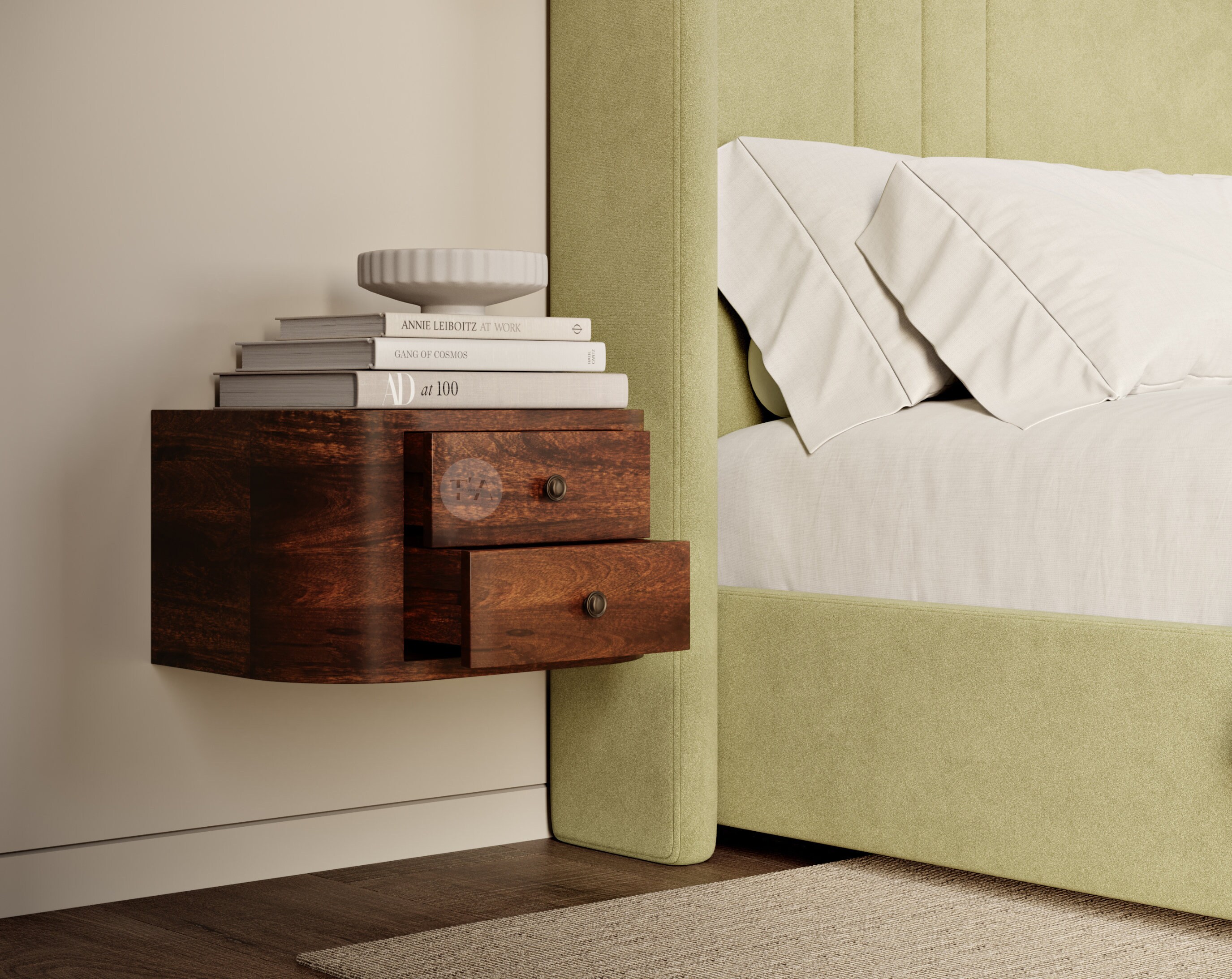 2 Drawer Floating Bedside Table Curved Edges • Wall Mounted Nightstand ...