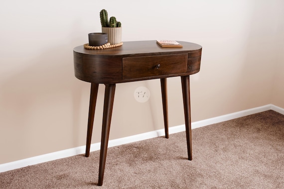 dark brown wood dressing table JASIWAY Coffee Brown Wooden Vanity Table with Side Cabinets Open Storage & Drawers Only Table without Mirror / Coffee Brown Color