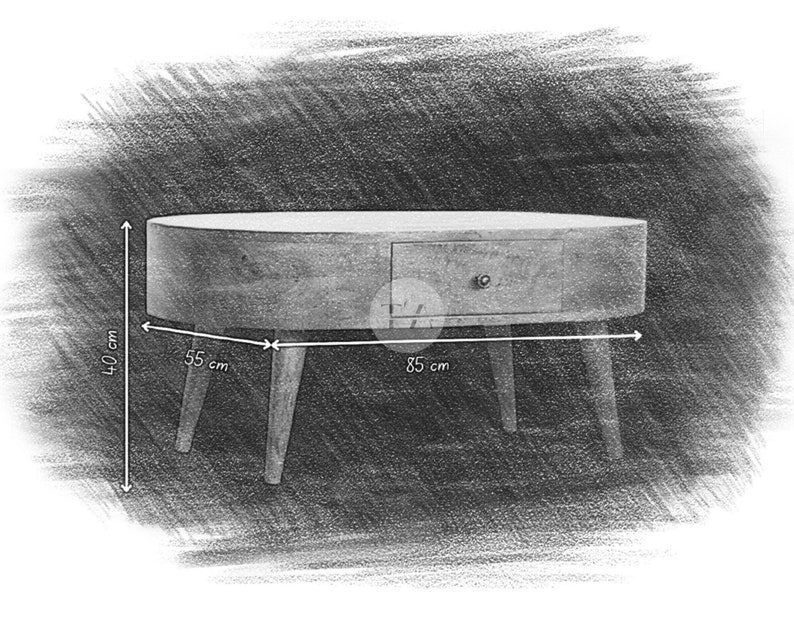 May include: A wooden oval coffee table with a single drawer and three legs. The table is 55 inches wide, 40 inches tall, and 85 inches long.