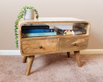 Small Tv Stand for Bedroom • Narrow TV Stand Light Wood • Tv Stand Cabinet Mango Wood • Mini Tv Unit with Drawers • Compact Corner TV Stand