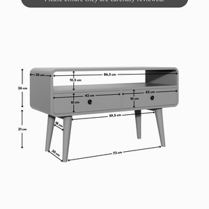 May include: A light gray side table with two drawers and a shelf. The table has rounded edges and four wooden legs. The table measures 73 cm wide, 59.5 cm deep, and 86.5 cm high.