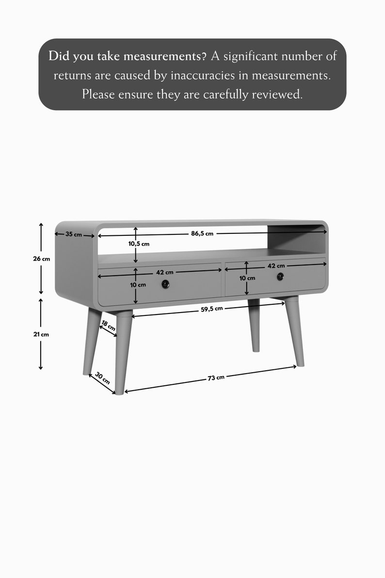 May include: A light gray side table with two drawers and a shelf. The table has rounded edges and four wooden legs. The table measures 73 cm wide, 59.5 cm deep, and 86.5 cm high.