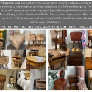 May include: A collage of images showcasing various wooden bedside tables with different finishes. The tables feature rounded edges, drawers, and open shelves. The text "FYI: THE FINISH IN THE FIRST & MAIN PHOTOS OF THIS LISTING IS OAK" is displayed at the top of the collage.