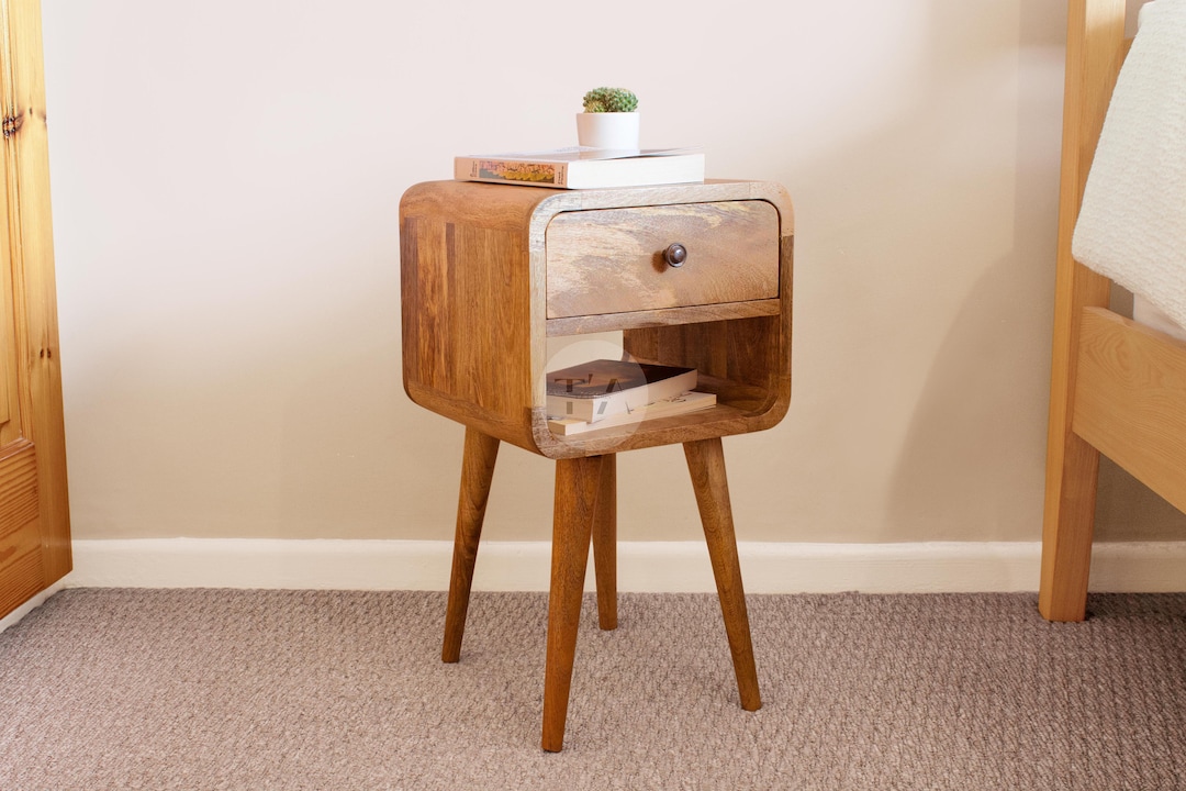 Small Curved Bedside Table With Open Shelf Minimalist Etsy
