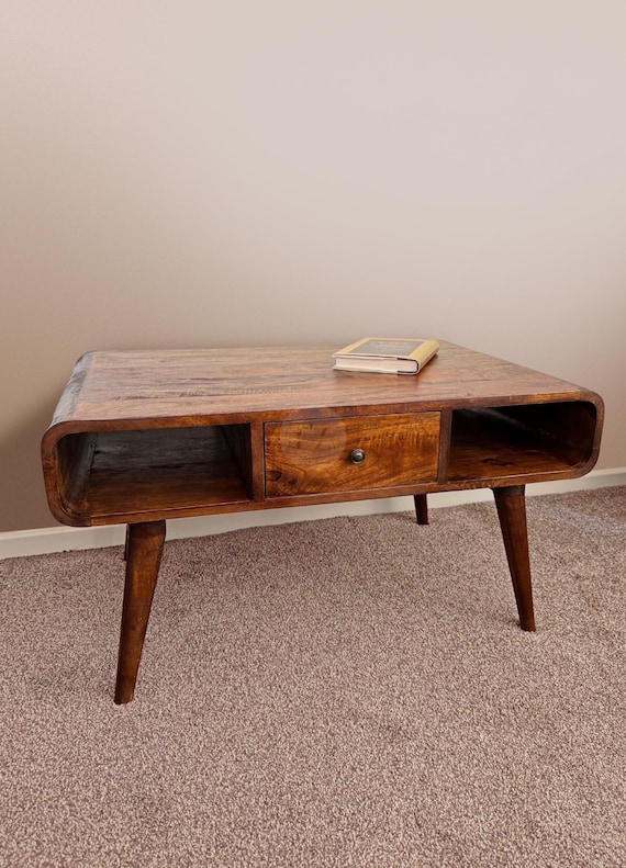 Unique Coffee Table with Legs • Wooden Coffee Table • Rectangle Coffee Table with Drawers & Shelf • Large Mid Century Modern Coffee Table