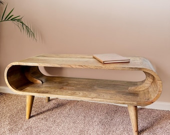 Danish Modern Coffee Table with Shelf • Light Wood Oval Coffee Table Narrow • Wooden Curved Coffee Table Low • Mango Coffee Table Scandi
