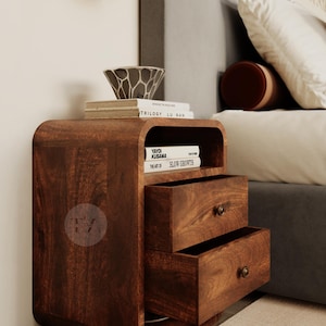 Curved Edge Bedside Table No Assembly • Nightstand With Shelves and 2 ...