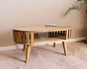 Round Coffee Table with Storage • Small Coffee Table for Living Room • Low Coffee Table Wood • Circular Slat Coffee Table Mid Century Modern