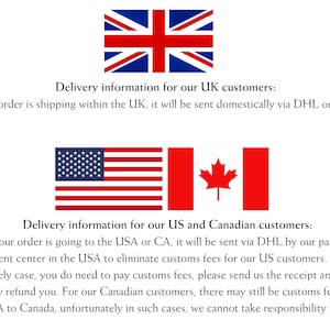 Op de afbeelding: Leveringsinformatie voor klanten uit het Verenigd Koninkrijk, de VS en Canada. De tekst legt uit dat bestellingen die binnen het VK worden verzonden, binnenlands worden verzonden via DHL of FedEx. Bestellingen die naar de VS of Canada gaan, worden verzonden via DHL door een partner-fulfillmentcentrum in de VS om douanekosten voor Amerikaanse klanten te elimineren. Als douanekosten nodig zijn, worden klanten gevraagd een ontvangstbewijs te sturen voor een terugbetaling. Canadese klanten kunnen nog steeds douanekosten hebben van de VS naar Canada.