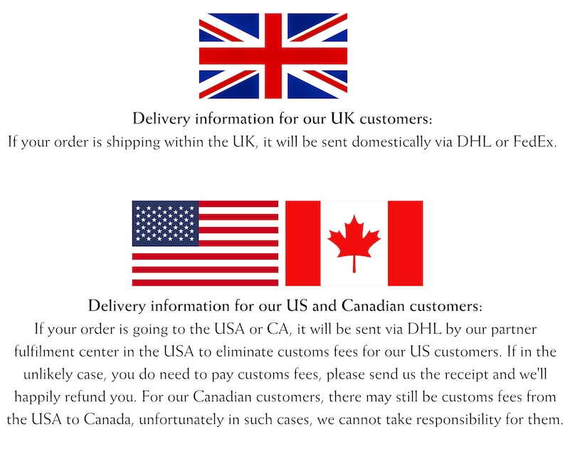Op de afbeelding: Leveringsinformatie voor klanten uit het Verenigd Koninkrijk, de VS en Canada. De tekst legt uit dat bestellingen die binnen het VK worden verzonden, binnenlands worden verzonden via DHL of FedEx. Bestellingen die naar de VS of Canada gaan, worden verzonden via DHL door een partner-fulfillmentcentrum in de VS om douanekosten voor Amerikaanse klanten te elimineren. Als douanekosten nodig zijn, worden klanten gevraagd een ontvangstbewijs te sturen voor een terugbetaling. Canadese klanten kunnen nog steeds douanekosten hebben van de VS naar Canada.