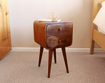 Slim Bedside Table • Bedside Table Small • Curved Bedside Table Dark Wood • Narrow Bedside Table • Wooden Bedside Table with Drawers