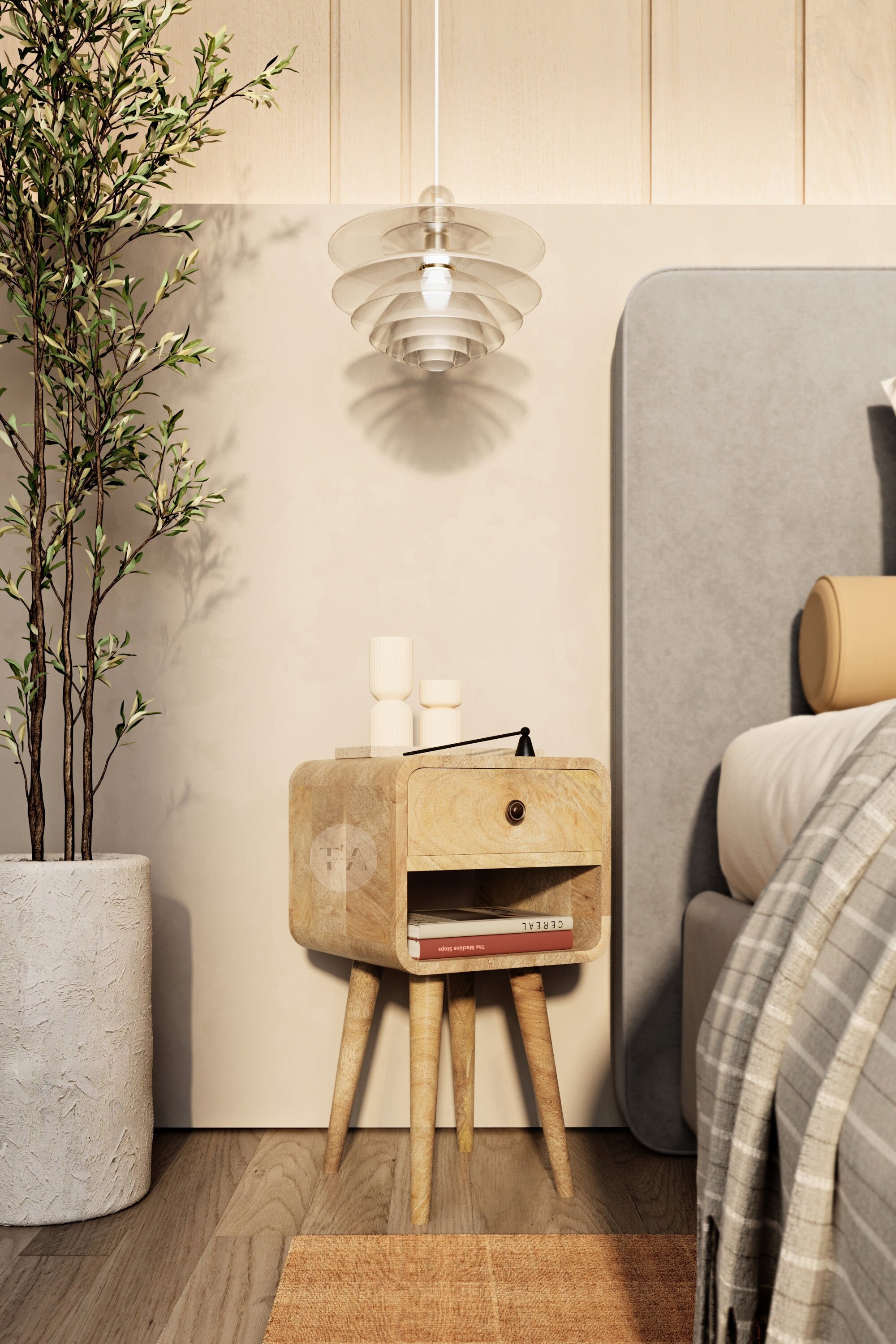 Bedroom Nightstand Small Space Room with Open Shelf • Narrow Bed Side Table with Drawer • Mango Wood Bedside Table Thin • Wooden Side Table