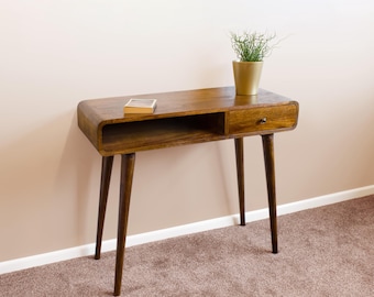 Modern farmhouse hallway table, curved edge console table with storage, curved wood desk