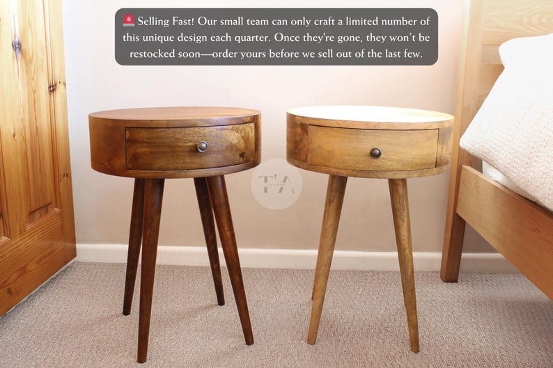 May include: Two wooden side tables with a single drawer and tapered legs. The tables are made of solid wood and have a natural finish. The table on the left has a brown top, while the table on the right has a white top.