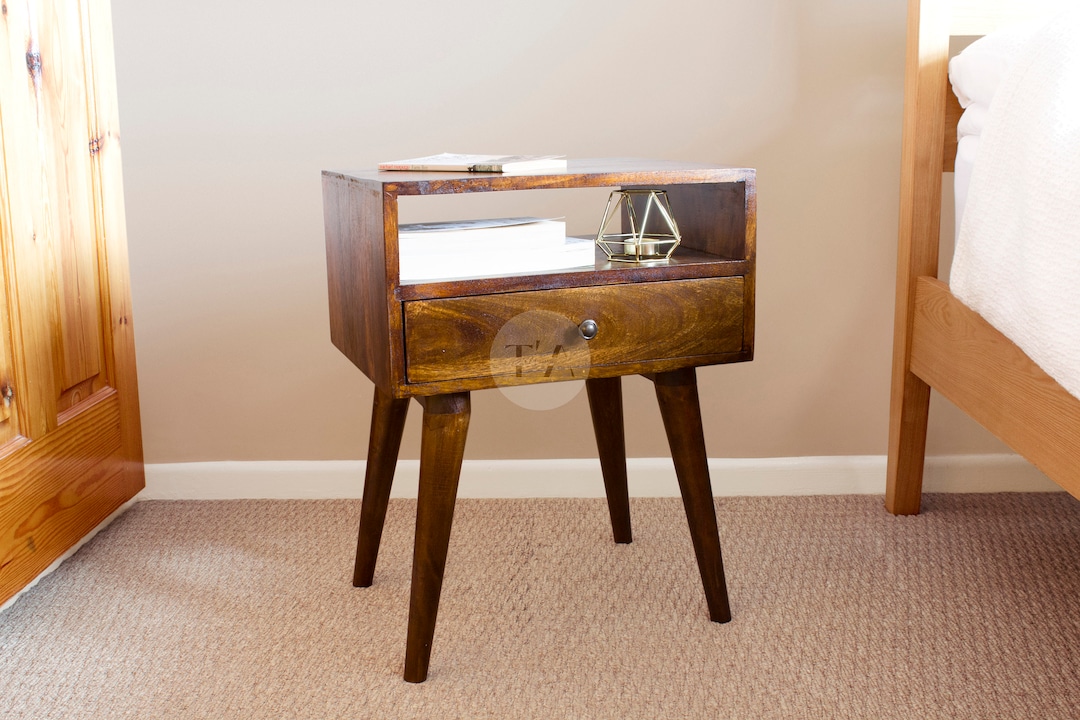 Rustic Bed Side Table Dark Wood • Night Stand With Storage Drawer and ...