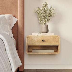 Real Wood Floating Bedside Table Oak Floating Nightstand Wall Mount Contemporary Floating Shelf with Drawer Mounted Nightstand Rounded image 6