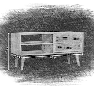 Pu&ograve; includere: Un mobile TV in legno con due cassetti e uno scaffale. I cassetti hanno una parte anteriore in rattan intrecciato. Il mobile &egrave; alto 47 cm, largo 35 cm e lungo 90 cm.