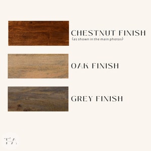 May include: Three wood samples showing different wood finishes: chestnut, oak, and grey. The chestnut finish is described as "as shown in the main photos".