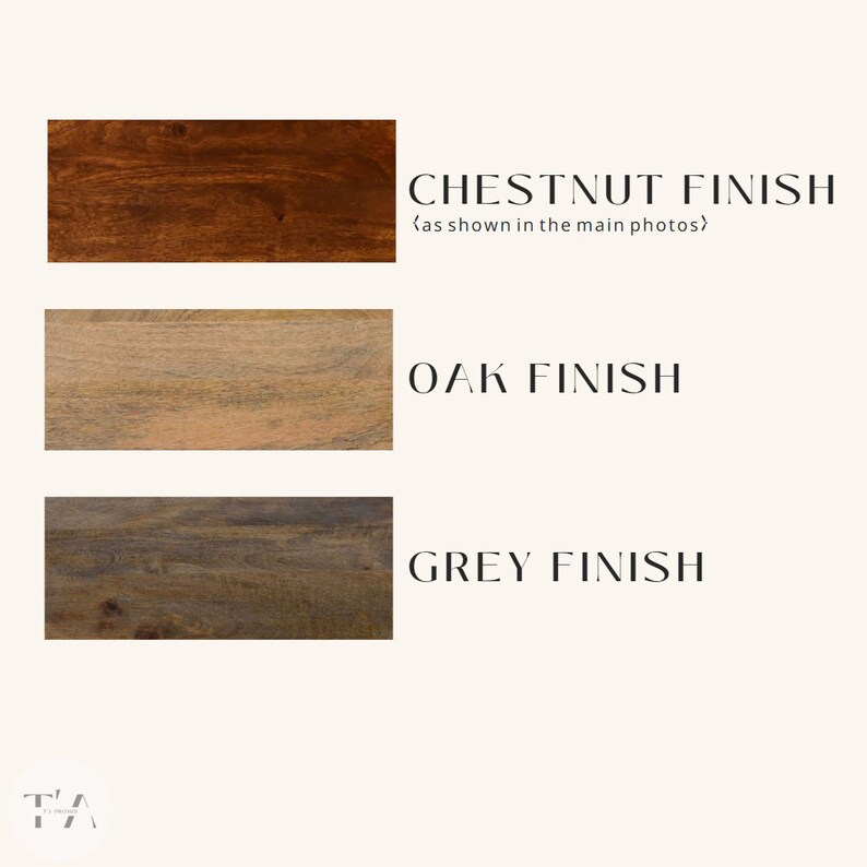 May include: Three wood samples showing different wood finishes: chestnut, oak, and grey. The chestnut finish is described as "as shown in the main photos".