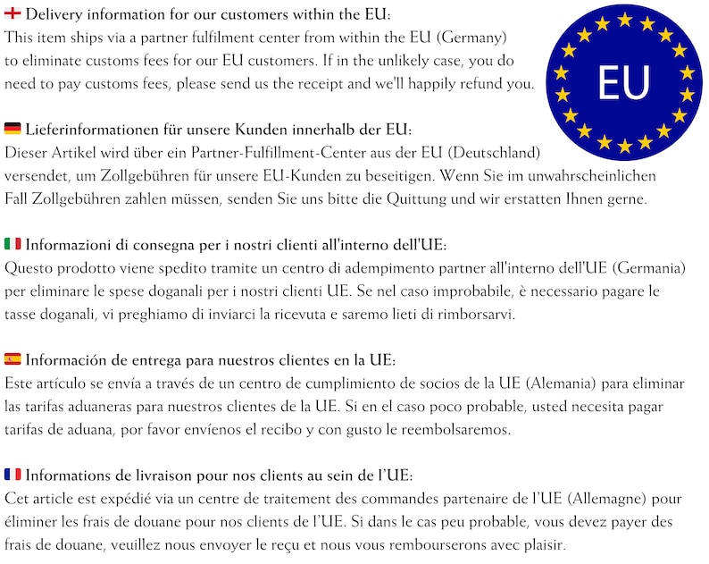 Pu&ograve; includere: Una grafica con testo in inglese, tedesco, italiano, spagnolo e francese che spiega il processo di consegna per i clienti all'interno dell'Unione Europea. La grafica include la bandiera dell'UE con le lettere EU in blu.